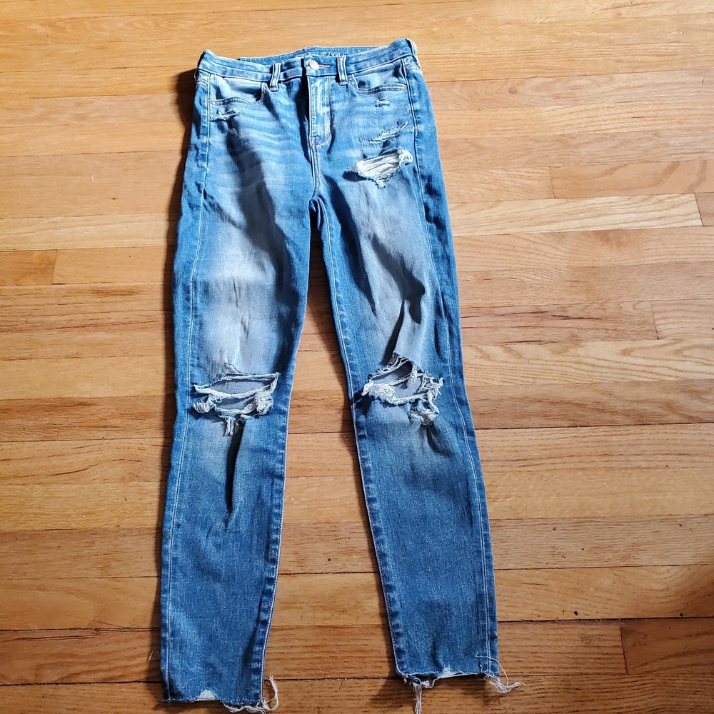 American Eagle Super Hi-Rise Jegging Distressed Blue Denim Size 4 Short